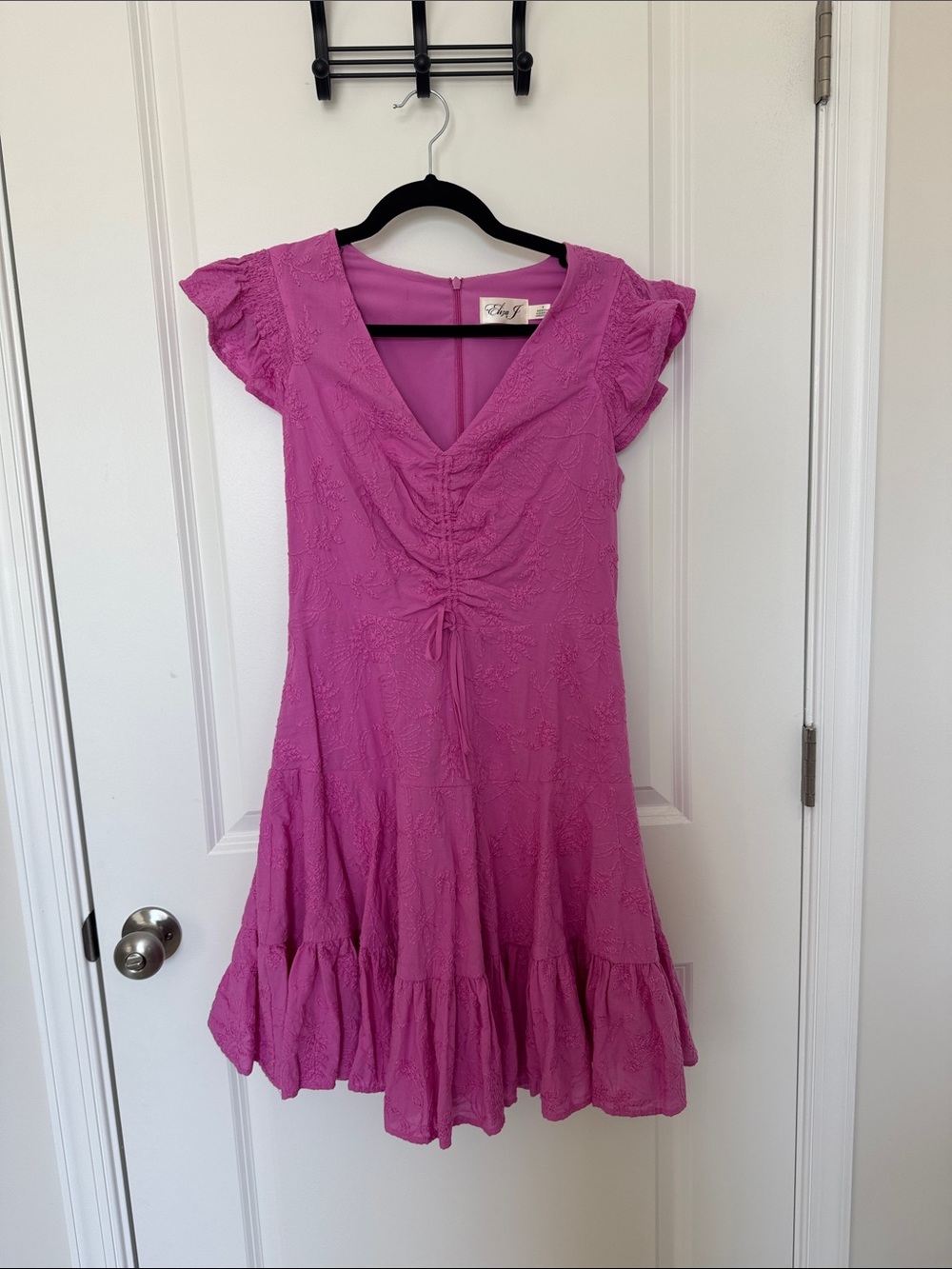 Eliza J Fuchsia Ruched V-Neck Ruffle-Hem Casual Dress